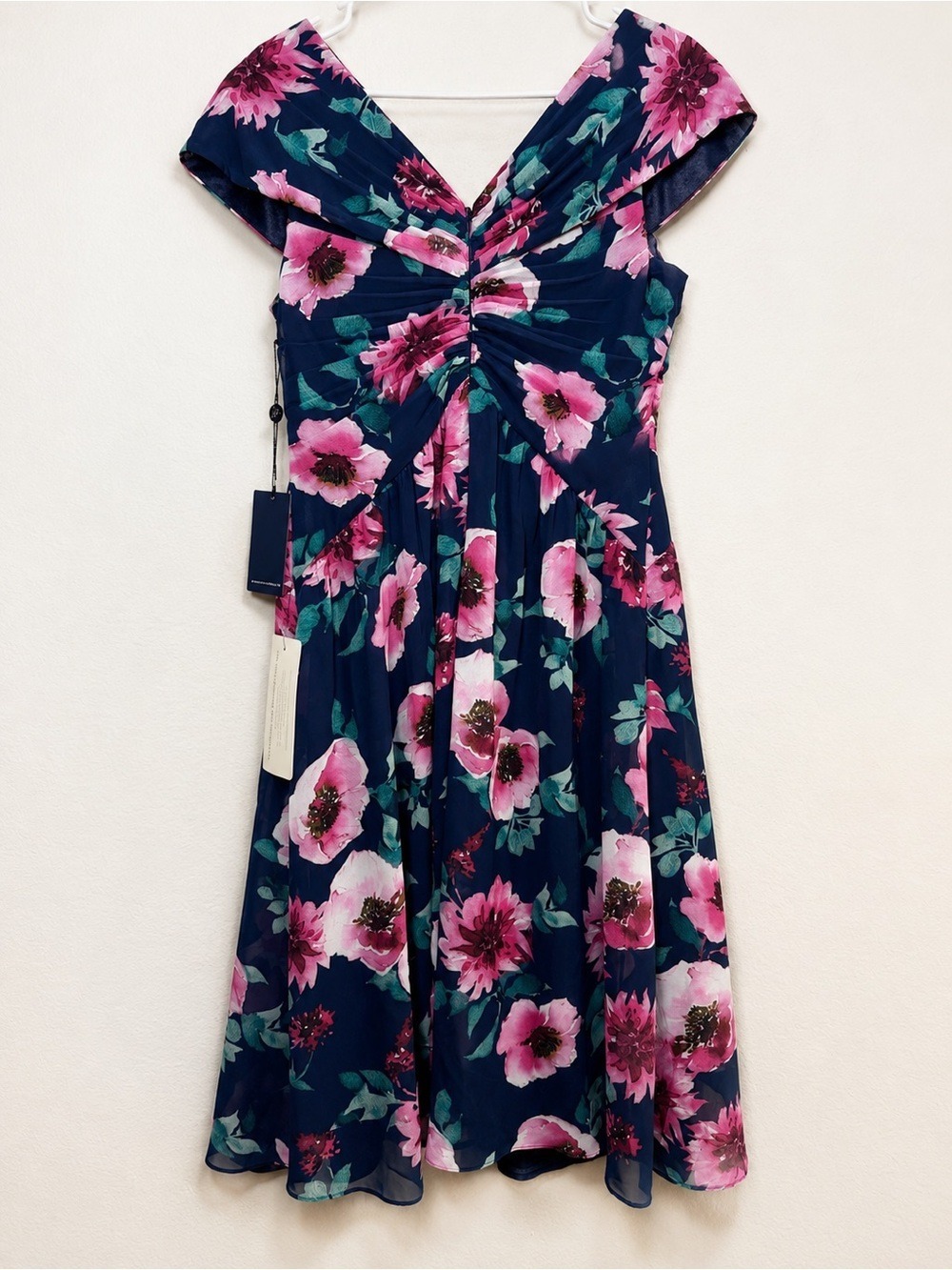 NWT Adrianna Papell Floral Front Twist Midi Dress Navy Pink Size 10 - Picture 3 of 12